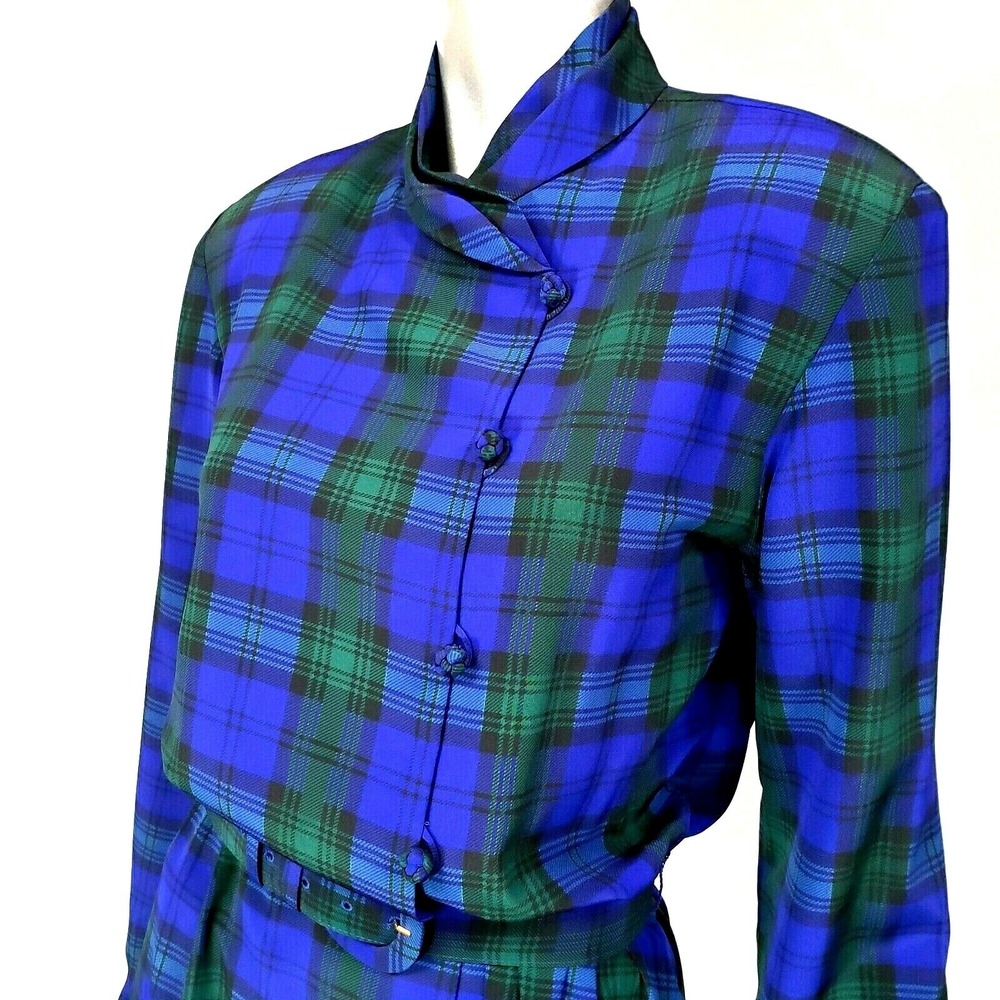 Talbots Women 8 Tartan Dress Blue Green Vintage Plaid Belted Tea Long Sleeve